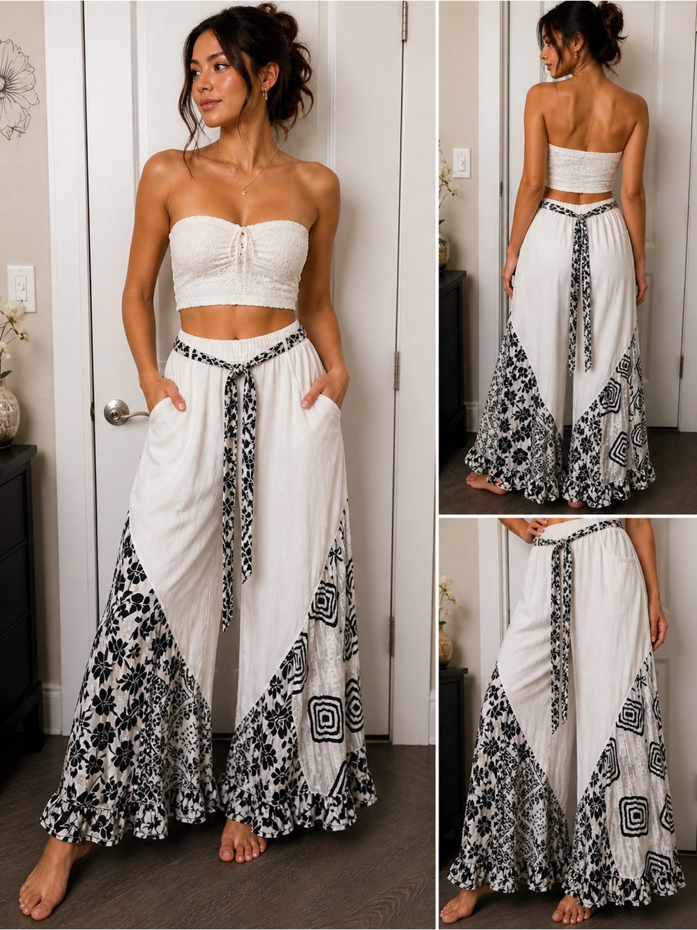 Women’s Boho Wide-Leg Patchwork Pants - White & Black